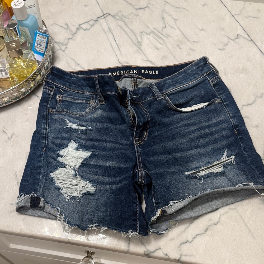 American Eagle Outfitters Women's Ripped Jean Shorts - Dark Blue